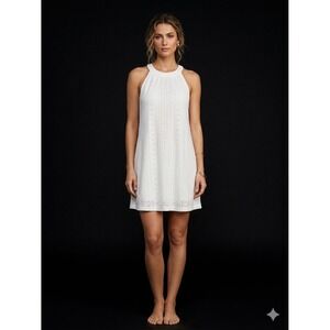 AIMAGE White Eyelet Lace Halter Neck Mini Shift Dress Small Summer Bridal LWD